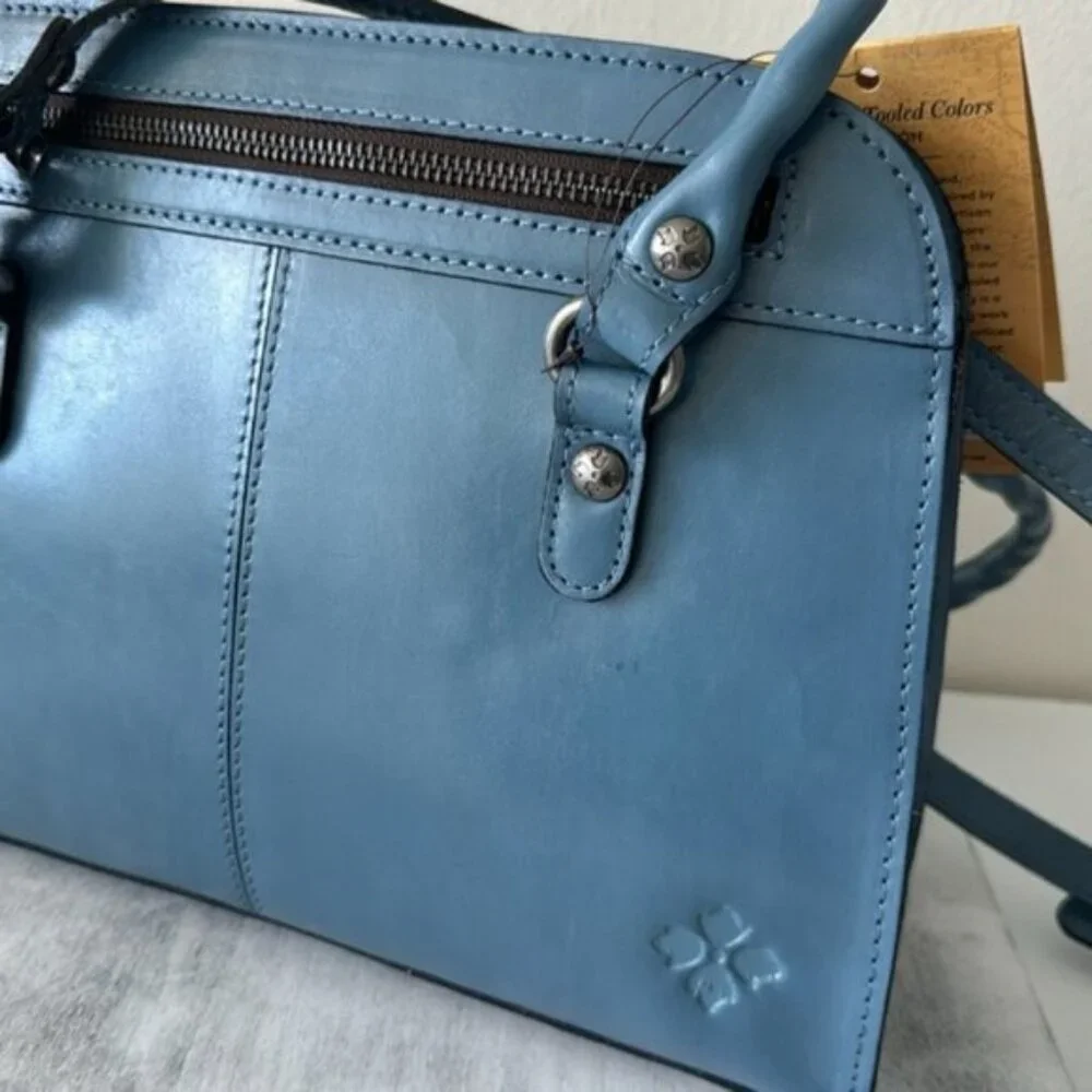 PATRICIA NASH LEATHER CALVI TOOLED FLORAL SATCHEL CROSSBODY SAFFLOWER BLUE